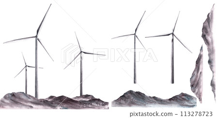 Watercolor monochromatic constructor landscape. Windmills, wind turbine on mountain ranges Hand drawn illustration, Eco, alternative energy, environmental protection theme. isolated white background Watercolor monochromatic constructor landscape. Windmills, wind turbine on mountain ranges Hand drawn illustration, Eco, alternative energy, environmental protection theme. isolated white background 113278723