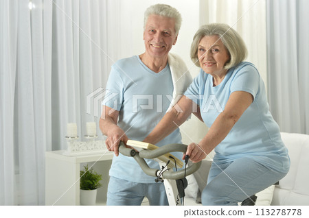 Portrait of happy sporty senior couple exercising 113278778
