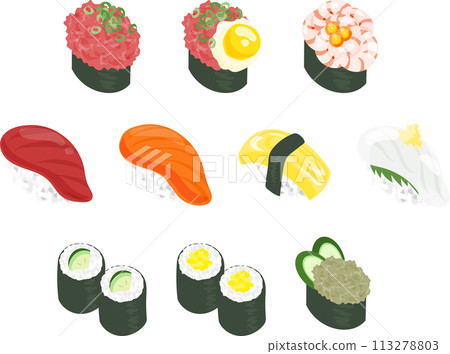 A cute icon of delicious sushi, enjoying fresh seafood. A cute icon of delicious sushi, enjoying fresh seafood. 113278803