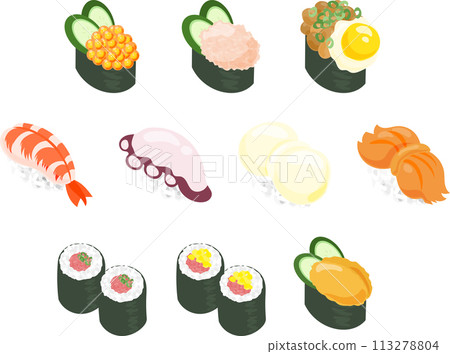 A cute icon of delicious sushi, enjoying fresh seafood. 113278804