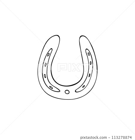 Hand-drawn lucky horseshoe. Traditional lucky talisman from horseshoe, hoof horse sketch, western element, vector illustration isolated on white background 113278874