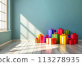 Multicolored gift box is displayed in an empty room during birthday party holiday celebration AI Generation 113278935