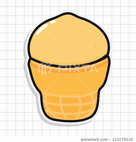 Cute funny Ice cream sticker. Vector hand drawn cartoon kawaii character illustration icon. Isolated on background Ice cream card character concept 113279220
