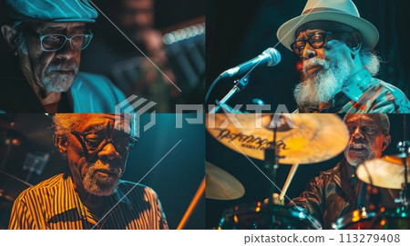 Collage of senior stylish African men, musicians, jazz drummers playing with intensity and soul in pub. Jazz and blues atmosphere Collage of senior stylish African men, musicians, jazz drummers playing with intensity and soul in pub. Jazz and blues atmosphere 113279408