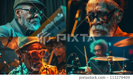 Collage of senior stylish African men, musicians, jazz drummers playing with intensity and soul in pub. Jazz and blues history Collage of senior stylish African men, musicians, jazz drummers playing with intensity and soul in pub. Jazz and blues history 113279409