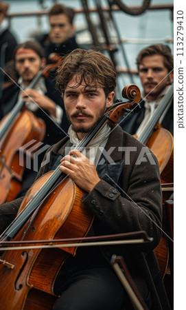 Cellist playing with intense gaze, surrounded by orchestra on ship deck. Male string quartet. Historical vibe. Cellist playing with intense gaze, surrounded by orchestra on ship deck. Male string quartet. Historical vibe. 113279410