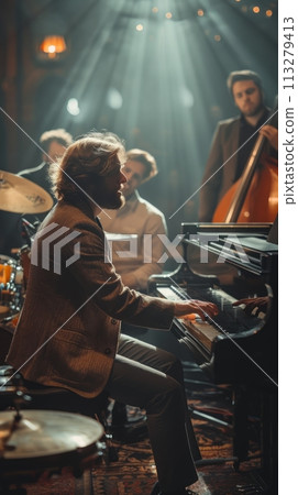 Talented man, pianist sitting at piano and emotionally playing with musicians on background playing double bass and drums. Talented man, pianist sitting at piano and emotionally playing with musicians on background playing double bass and drums. 113279413
