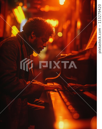 Young man, pianist playing piano playing under vibrant orange lighting in a small bar and jazz club . Warmly lit atmosphere. 113279420