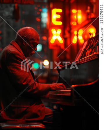 Talented senior man, musician playing piano outdoors in evening illuminated street neat classical bar and jazz club. Talented senior man, musician playing piano outdoors in evening illuminated street neat classical bar and jazz club. 113279421