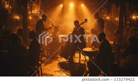 Jazz band performing in a dimly lit club filled with people, soft golden light, speakeasy club 113279422