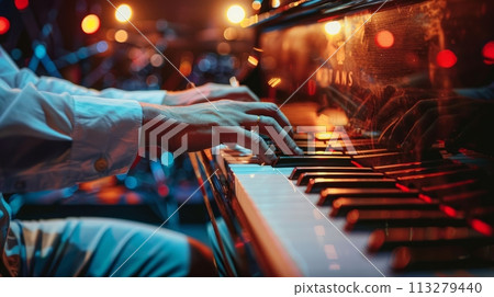 Close-up of male hands laying piano in bar, concert on stage over dark warm background with bokeh lights. Atmosphere of American vibe in 40s Close-up of male hands laying piano in bar, concert on stage over dark warm background with bokeh lights. Atmosphere of American vibe in 40s 113279440