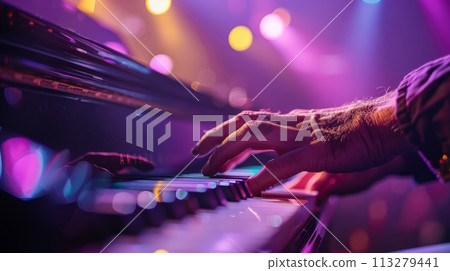Live jazz performance. Close-up of musicians hands playing piano over purple background with lights. Live jazz performance. Close-up of musicians hands playing piano over purple background with lights. 113279441