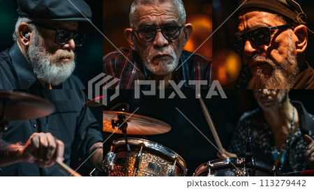 Collage of four elderly stylish bearded men in glasses, musicians engaged in performing. Live concert event with a dark cozy old style atmosphere Collage of four elderly stylish bearded men in glasses, musicians engaged in performing. Live concert event with a dark cozy old style atmosphere 113279442