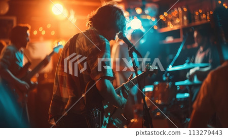 Musicians on stage on bar paying guitar and singing, performing live on stage with warm lighting in dark relaxing pub atmosphere. 113279443