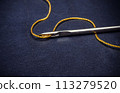 A needle with a thread is on a blue surface 113279520