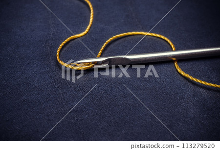 A needle with a thread is on a blue surface A needle with a thread is on a blue surface 113279520
