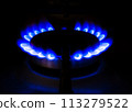 A blue flame is burning on a stove 113279522