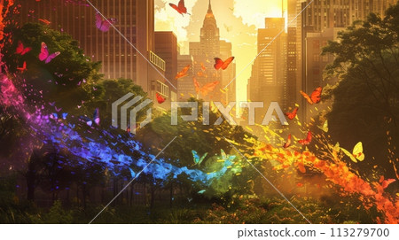 Magical Urban Oasis with Butterflies and Sunlight Magical Urban Oasis with Butterflies and Sunlight 113279700