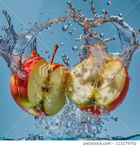 Freshness Splash: Apple Halves Drenched in Water 113279702