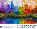 Impressionist Fusion of Urban Skyline and Vibrant Park 113279707