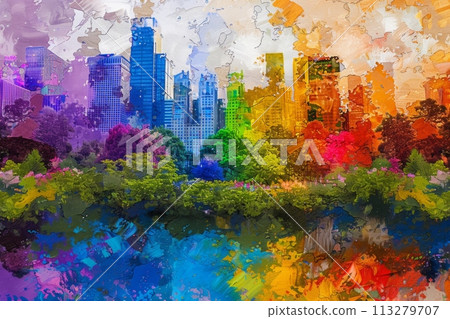 Impressionist Fusion of Urban Skyline and Vibrant Park 113279707