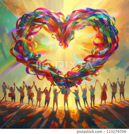 United by Love: Rainbow Ribbons Forming a Heart United by Love: Rainbow Ribbons Forming a Heart 113279709