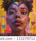 Vibrant LGBTQ Portrait with Colorful Face Paint and Hearts 113279712
