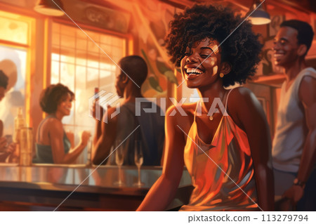 Illustration of young smiling African woman in elegant dress at bar. Attractive African American girl laughs and enjoys evening in restrain. Generated by AI. Illustration of young smiling African woman in elegant dress at bar. Attractive African American girl laughs and enjoys evening in restrain. Generated by AI. 113279794