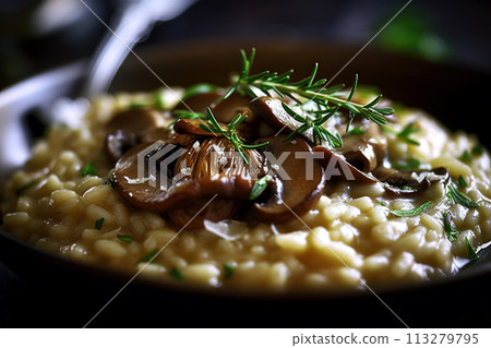 Close-up of a delicious rice dish with mushrooms and herbs. Delicious risotto. Generated by AI. 113279795