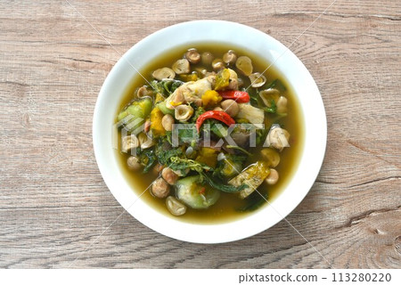 boiled spicy mixed vegetable with dry shrimp soup on plate boiled spicy mixed vegetable with dry shrimp soup on plate 113280220