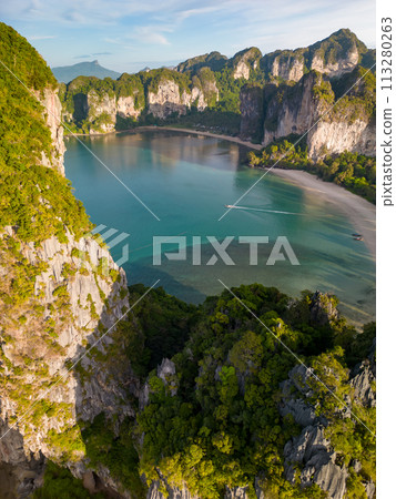 An aerial view of a Railay beach of water surrounded by mountains 113280263