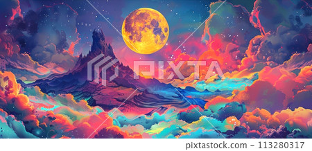 Immerse yourself in a vibrant dreamscape where a luminescent full moon 113280317