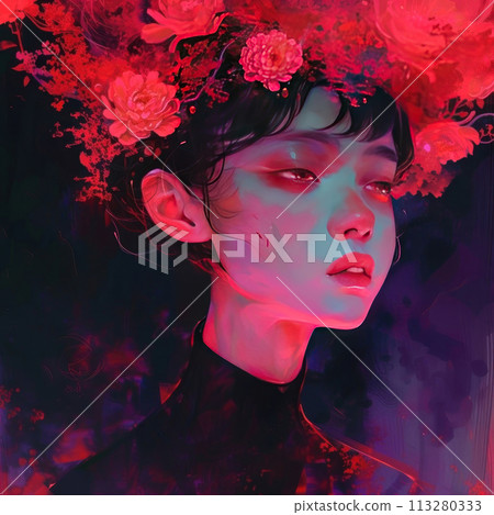 Captivating digital art portrait of a young person imbued with vivid reds and subtle shadows 113280333