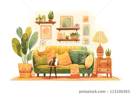 Cozy illustration of a stylish living room with a vibrant green couch 113280363