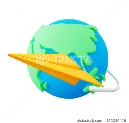 3D cartoon yellow paper airplane flying around the globe. Paper airplane left white trail from its flight. Design element for concepts of ingenuity, exploration, communication. Vector illustration. 113280416