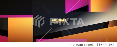 Black abstract background with orange and pink geometric shapes. Vector illustration modern wide banner graphic design. templete 113280468