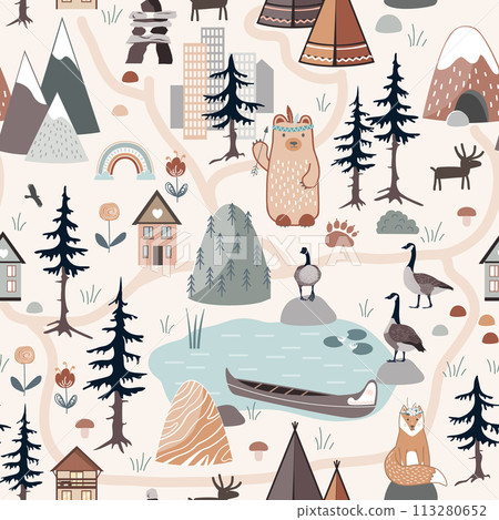 Wild nature seamless pattern. Forest, mountains, Indian teepee and canoe, houses and animals. Background for adventure cards, preschool and children room decoration. Vector. Wild nature seamless pattern. Forest, mountains, Indian teepee and canoe, houses and animals. Background for adventure cards, preschool and children room decoration. Vector. 113280652