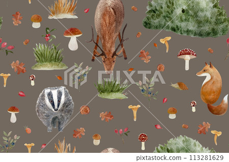 Autumn forest wild plants and animals watercolor seamless pattern on muted brown background 113281629