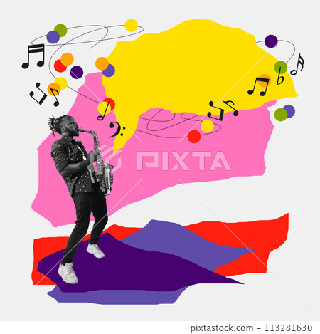 Stylish young man, musician playing saxophone on white background with abstract colorful elements. Contemporary art collage. 113281630
