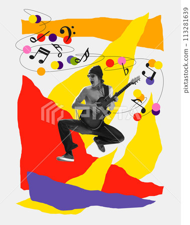 Rock and roll. Emotional young man, musician playing guitar on white background with abstract colorful elements. Contemporary art collage. Rock and roll. Emotional young man, musician playing guitar on white background with abstract colorful elements. Contemporary art collage. 113281639