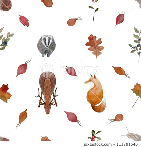 Autumn forest wild plants and animals watercolor seamless pattern isolated on white Autumn forest wild plants and animals watercolor seamless pattern isolated on white 113281640