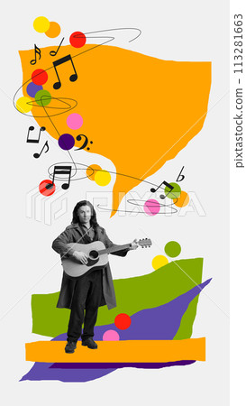 Monochrome image of musician playing guitar on white background with abstract colorful elements. Contemporary art collage. Monochrome image of musician playing guitar on white background with abstract colorful elements. Contemporary art collage. 113281663