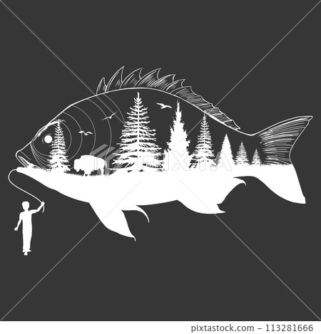boy holding a fish with a forest inside 113281666