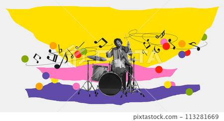 Monochrome image of talented man playin drums on white background with abstract colorful elements. Contemporary art collage. Monochrome image of talented man playin drums on white background with abstract colorful elements. Contemporary art collage. 113281669