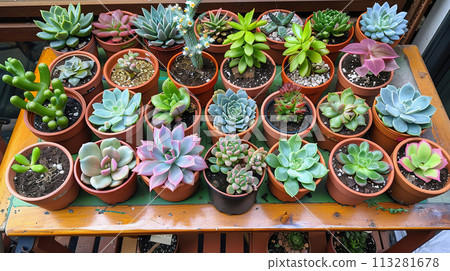 Variety of colorful succulents arranged neatly in clay terracotta pots, top view Variety of colorful succulents arranged neatly in clay terracotta pots, top view 113281678