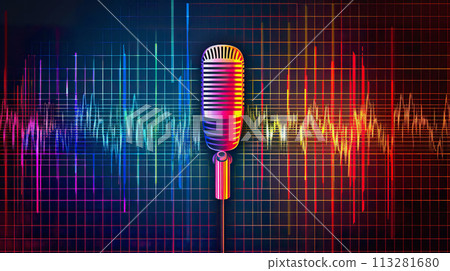 Microphone and sound waves on vibrant multicolored backdrop. Audio grid Microphone and sound waves on vibrant multicolored backdrop. Audio grid 113281680