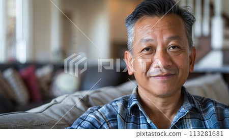 Warm, inviting smile of a middle aged man at home Warm, inviting smile of a middle aged man at home 113281681