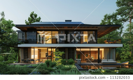 Modern villa not naturally hung with solar panels Modern villa not naturally hung with solar panels 113282033