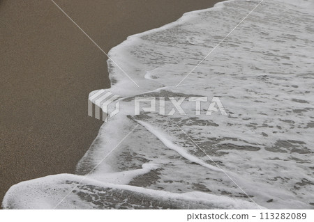 Foamy wave on the background of sandy sand, wet beach sand. Foamy wave on the background of sandy sand, wet beach sand. 113282089