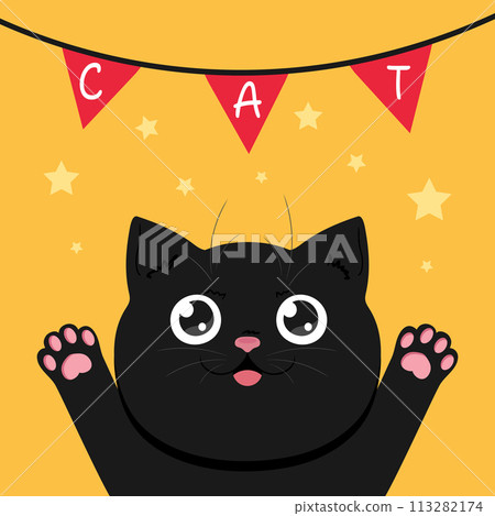 Black peeking cat. Happy cat on yellow background decorated with stars and garland. Cute cartoon character. Vector illustration Black peeking cat. Happy cat on yellow background decorated with stars and garland. Cute cartoon character. Vector illustration 113282174